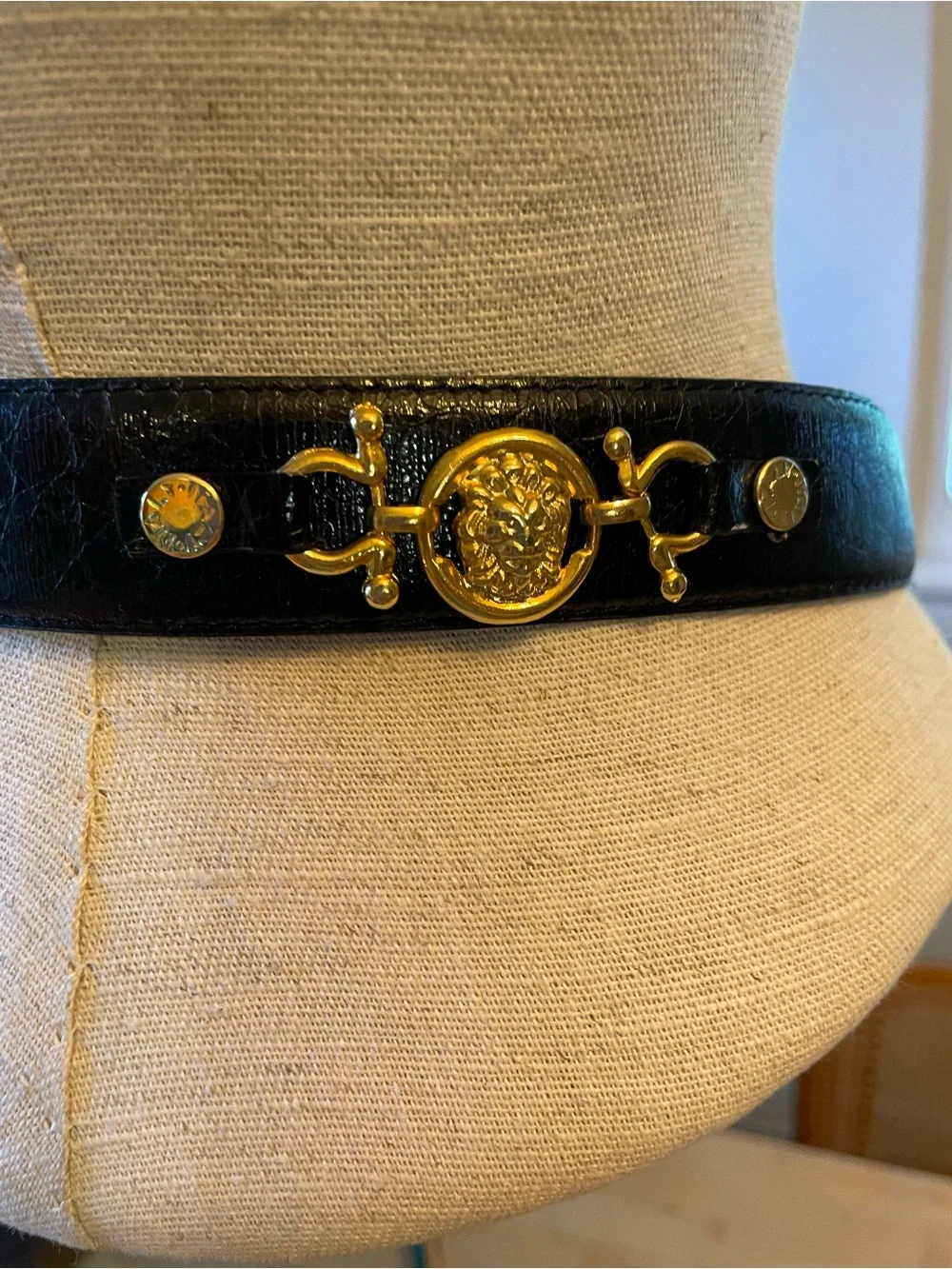 Black Leather Belt with Gold Lion Emblem Made in Italy 38 in